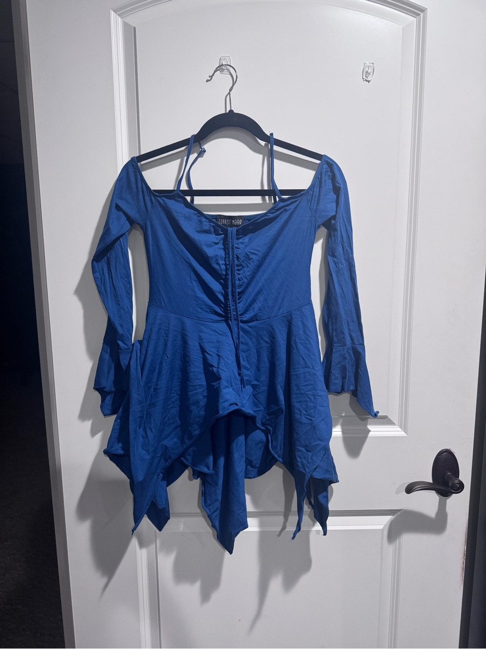 Current Mood Royal Blue Off-Shoulder Asymmetrical Handkerchief Dress